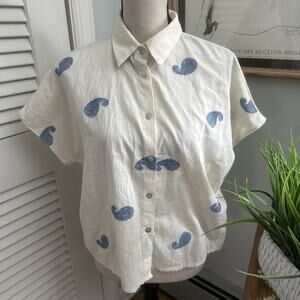 Civico 51 Top Womens Small Cream Blue Paisley Casual Button Down Minimalist Chic